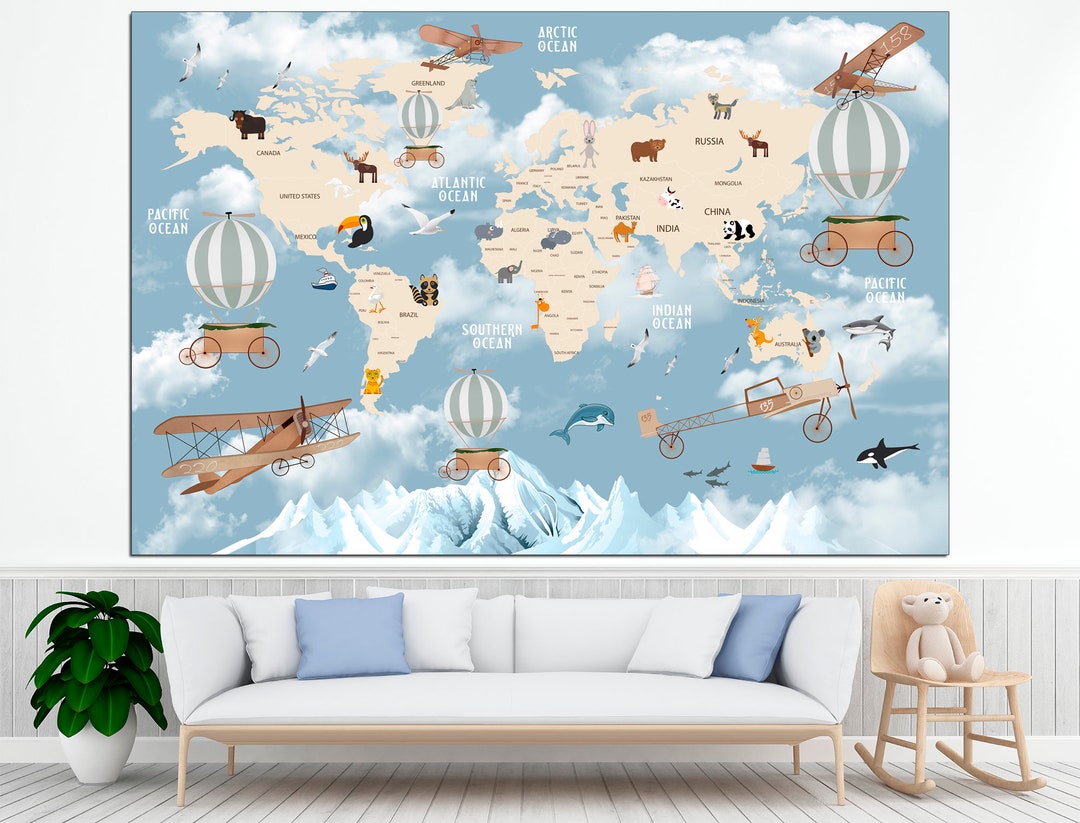 Kids Map Canvas Large Wall Art Kids World Map World Map Print Kids Room ...