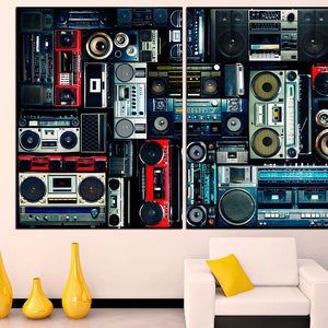 May include: A collage of vintage cassette players and boomboxes in various colors and styles, including red, blue, black, and silver. The collage is arranged in a grid pattern and features a variety of different brands and models.