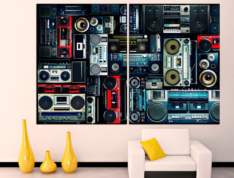May include: A collage of vintage cassette players and boomboxes in various colors and styles, including red, blue, black, and silver. The collage is arranged in a grid pattern and features a variety of different brands and models.