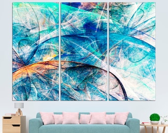 May include: Abstract art print with swirling lines and shapes in shades of blue, white, and orange. The print is divided into three panels.