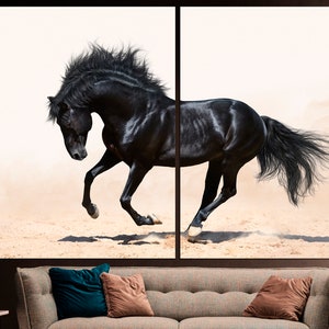 May include: A black horse with a flowing mane and tail runs across a sandy surface. The horse is in mid-stride, with its legs extended and its head held high. The background is a soft white.