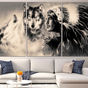 May include: A black and white triptych canvas print featuring a Native American man in a feathered headdress, looking to the side, with two wolves on either side of him. The wolves are howling and have a glowing effect.