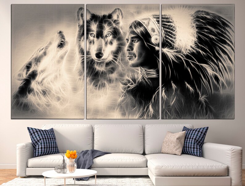 May include: A black and white triptych canvas print featuring a Native American man in a feathered headdress, looking to the side, with two wolves on either side of him. The wolves are howling and have a glowing effect.