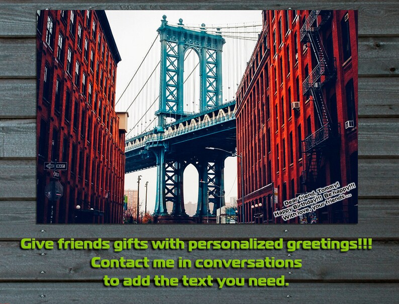 May include: A red brick building with a bridge in the background. The bridge is blue and has a lot of metal beams. The text "Dear friend, Tommy! Happy Birthday!!! Be happy!!! With love, your friends..." is on the building. The text "Give friends gifts with personalized greetings!!! Contact me in conversations to add the text you need." is at the bottom of the image.