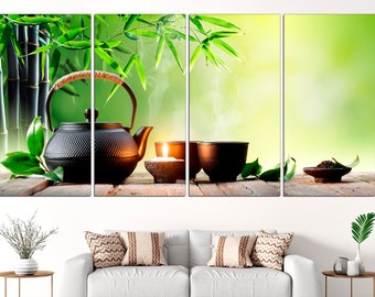 Tea canvas Green room decor Kitchen wall decor Japanese tea set Gifts for tea lovers Green tea print