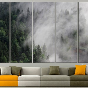 May include: A panoramic view of a lush green forest with fog rolling through the trees. The image is split into five sections, creating a multi-panel effect.