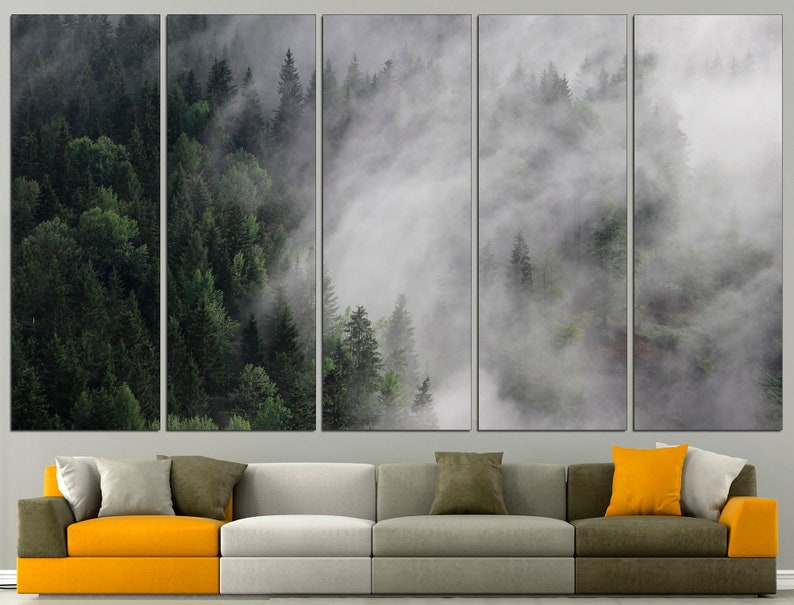 May include: A panoramic view of a lush green forest with fog rolling through the trees. The image is split into five sections, creating a multi-panel effect.