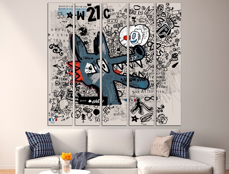 May include: A multi-panel canvas print featuring a cartoon wolf with a red nose and a blue and white background. The background is covered in scribbles and text, including the words "W21" and "ATTENTION".