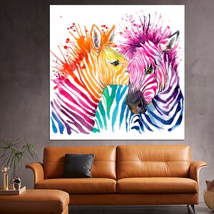 May include: A watercolor painting of three zebras with colorful stripes. The zebras are facing each other and their heads are touching. The background is white with splashes of paint.