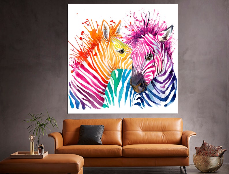 May include: A watercolor painting of three zebras with colorful stripes. The zebras are facing each other and their heads are touching. The background is white with splashes of paint.