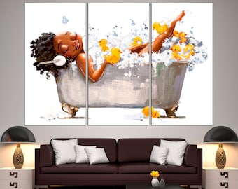 Schwarze Frau in Bad Badezimmer Schwarzes Mädchen Poster Großes Leinwandbild Schwarzes Mädchen Wandkunst Gelbe Ente Druck