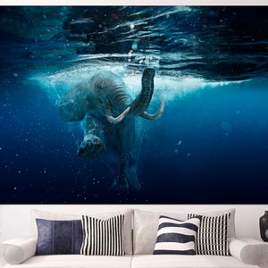 Swimming Elephant Elephant Wall Decor Elephant Canvas Elephant Poster Elephant Watercolor Elephant Large Art