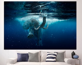 Swimming Elephant Elephant Wall Decor Elephant Canvas Elephant Poster Elephant Watercolor Elephant Large Art