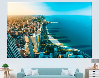 Impresión en lienzo del paisaje urbano de Chicago, vista aérea del lago Michigan
