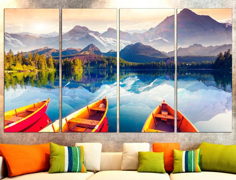 Boat Art Canvas Mountain Lake Mountain Landscape Lake Canvas Etsy