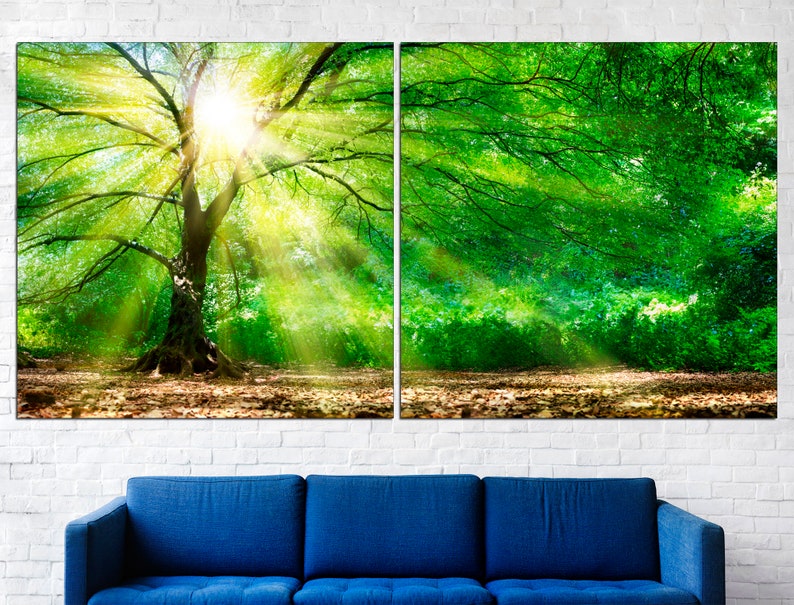 May include: A split canvas print depicting a sunlit woodland scene. The left panel shows a large tree with sunbeams shining through the leaves. The right panel shows a dense woodland with green foliage.