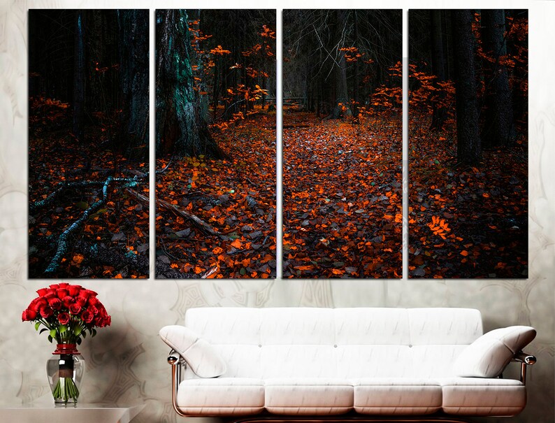 May include: A four-panel canvas print depicting a dark forest path covered in fallen orange leaves. The path leads into the distance, disappearing into the shadowy trees.