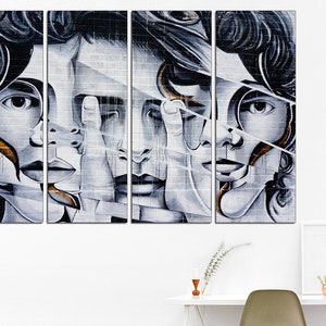 May include: A four-panel abstract art print featuring a black and white portrait of a person with a gold and white design. The portrait is split into four sections, each showing a different angle of the person's face.