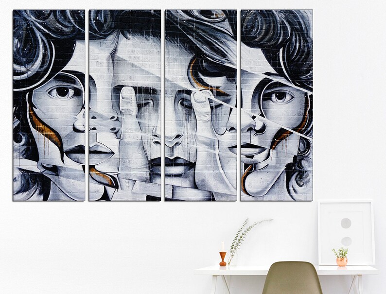 May include: A four-panel abstract art print featuring a black and white portrait of a person with a gold and white design. The portrait is split into four sections, each showing a different angle of the person's face.