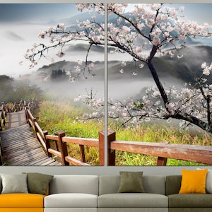 Toile Sakura, paysage de montagne, art mural Sakura, toile japonaise Sakura, impression Sakura, décoration murale Sakura