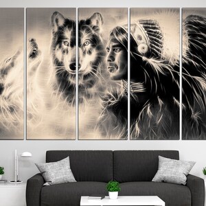 May include: A black and white multi-panel canvas print featuring a Native American wearing a headdress and two wolves. The image is stylized with a soft, ethereal effect.