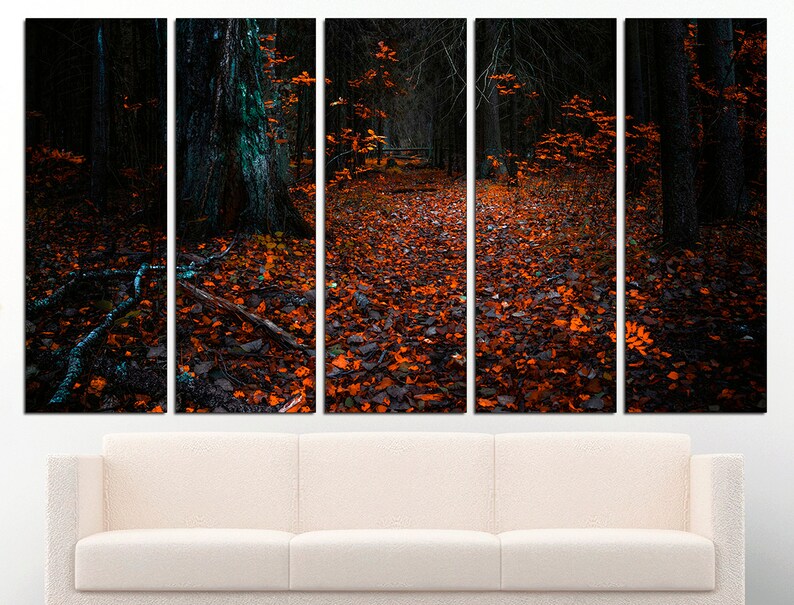 May include: A dark forest path covered in a carpet of orange and brown leaves. The path leads through the trees, with the light filtering through the branches.