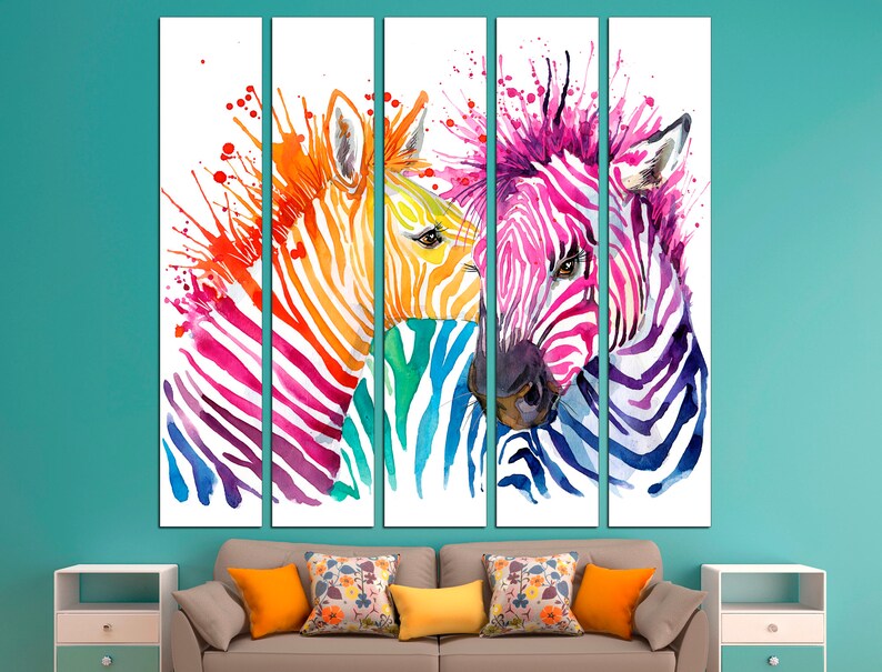 May include: A watercolor painting of two zebras with colorful stripes. The zebras are facing each other and their heads are touching. The background is white with splashes of color.
