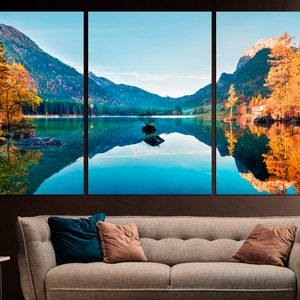 May include: A scenic landscape photograph of a lake surrounded by mountains and trees. The water is a vibrant blue and reflects the surrounding scenery. The trees are a mix of green and yellow, indicating autumn. The image is split into three panels.