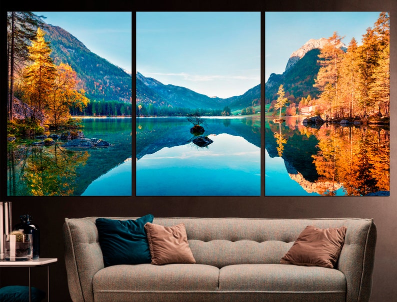 May include: A scenic landscape photograph of a lake surrounded by mountains and trees. The water is a vibrant blue and reflects the surrounding scenery. The trees are a mix of green and yellow, indicating autumn. The image is split into three panels.