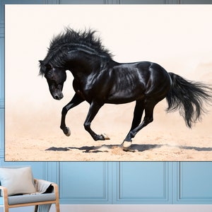 May include: A black horse runs across a sandy area with its mane and tail flowing in the wind. The horse is in mid-stride with its front legs extended and its back legs tucked under its body. The background is a white sky with some clouds.
