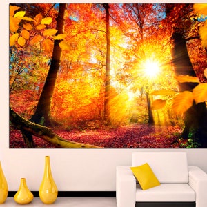 May include: A vibrant autumn forest scene with golden leaves, sunlight streaming through the trees, and a path leading into the woods.