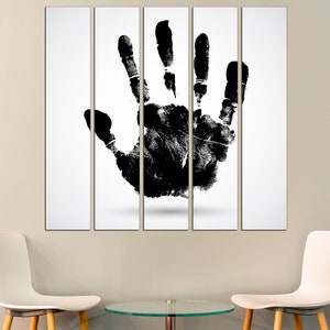 May include: A black and white abstract art print of a handprint on a white background. The print is divided into five sections.