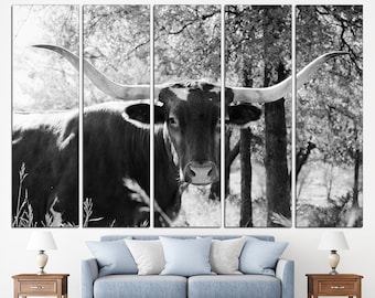 Texas longhorn print Black white cow Longhorn black white, Cow canvas print Texas wall decor