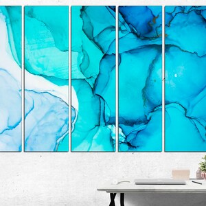 May include: Abstract art print with a blue and turquoise color scheme. The print is divided into five panels, each featuring swirling, organic shapes.