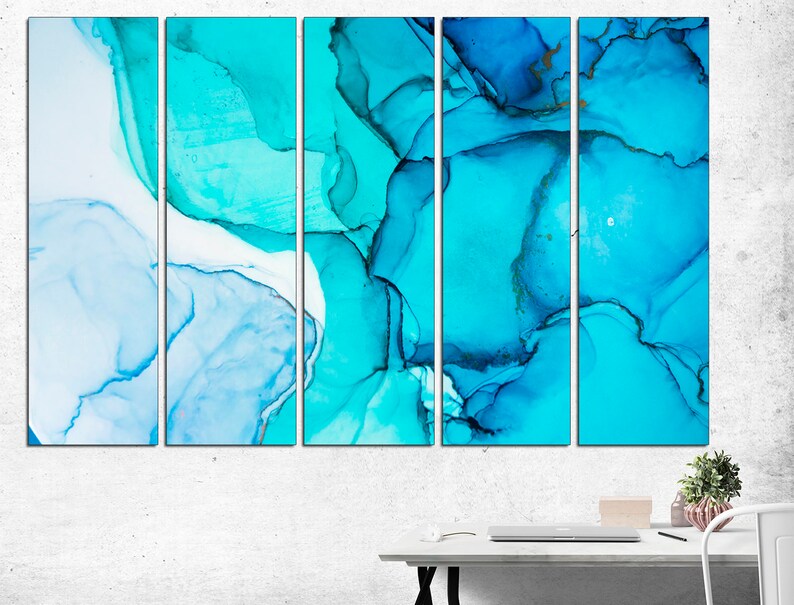 May include: Abstract art print with a blue and turquoise color scheme. The print is divided into five panels, each featuring swirling, organic shapes.
