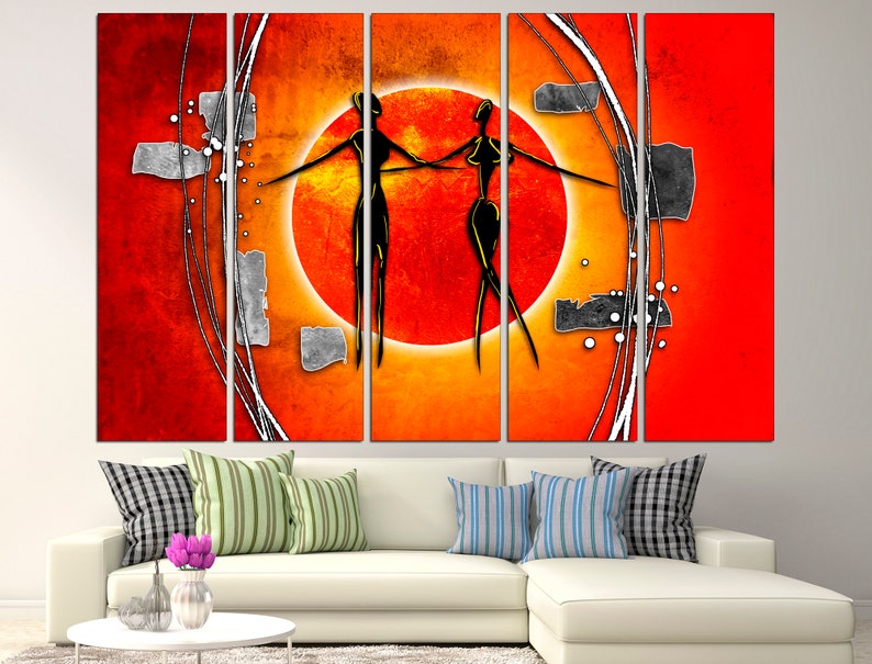 May include: Abstract art print with two figures in black silhouette dancing against a large orange sun with a red background. The print is divided into five panels.