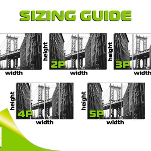 May include: Sizing guide for a black and white photo print of the Brooklyn Bridge. The guide shows different sizes for the print, ranging from 1 panel to 5 panels. The text "height" and "width" is shown next to each size.