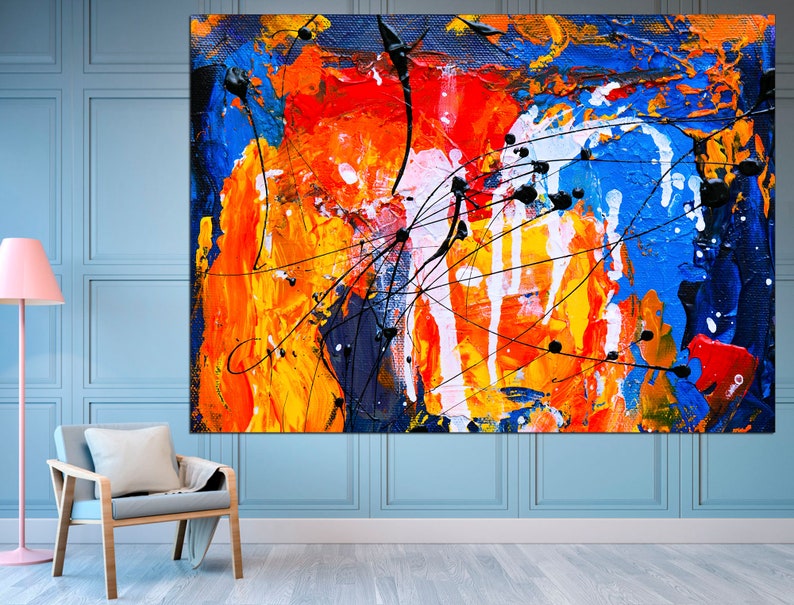 May include: Abstract painting with bold strokes of blue, orange, yellow, and red paint. Black lines and dots are scattered across the canvas.
