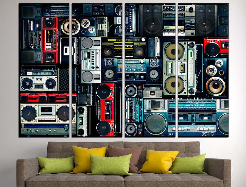May include: A collage of vintage cassette players and boomboxes in various colors, including red, blue, black, and white. The players are arranged in a grid pattern, creating a retro and nostalgic aesthetic.