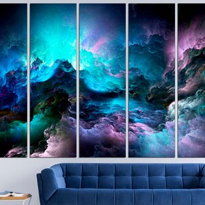 May include: Abstract art print with a multi-panel design featuring swirling clouds in shades of blue, purple, and green.