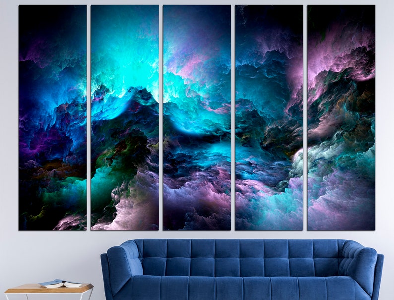 May include: Abstract art print with a multi-panel design featuring swirling clouds in shades of blue, purple, and green.