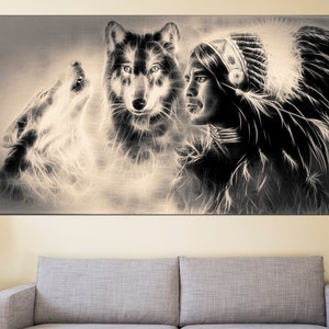 May include: A black and white illustration of a Native American wearing a feathered headdress and two wolves. The image is stylized and has a soft, ethereal feel.