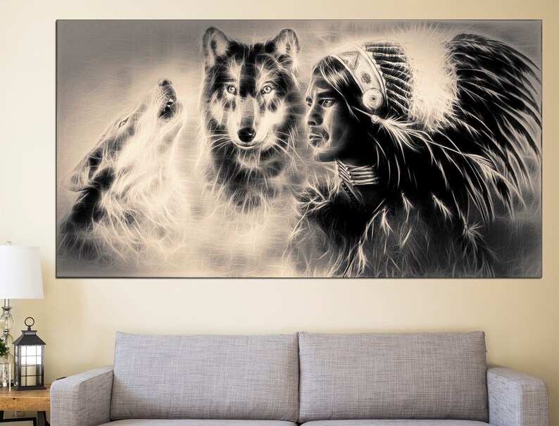 May include: A black and white illustration of a Native American wearing a feathered headdress and two wolves. The image is stylized and has a soft, ethereal feel.