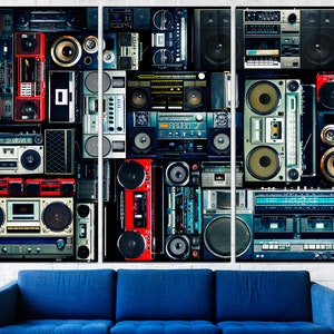 May include: A collage of vintage cassette players and boomboxes in various colors and styles, including red, blue, black, and silver. The image is a triptych, meaning it is made up of three panels.
