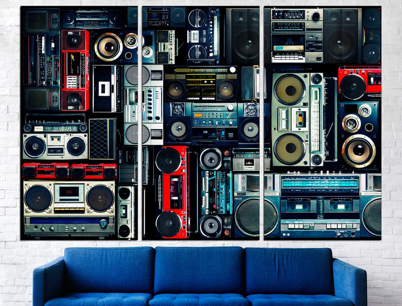 May include: A collage of vintage cassette players and boomboxes in various colors and styles, including red, blue, black, and silver. The image is a triptych, meaning it is made up of three panels.