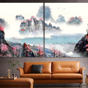 May include: A watercolor painting of a mountain landscape with waterfalls, mist, and pink flowers. The painting is split into two panels, with the left panel showing a waterfall cascading down a mountainside and the right panel showing a mountain range with mist and pink flowers.
