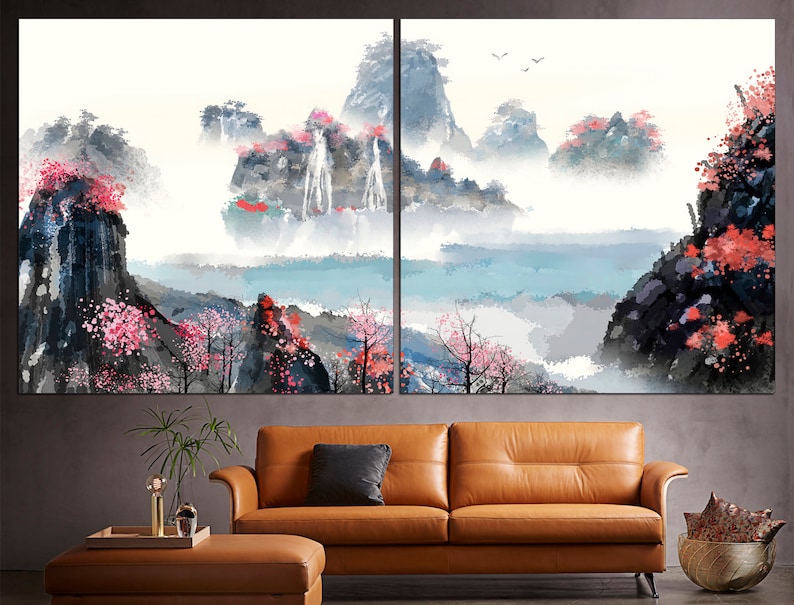 May include: A watercolor painting of a mountain landscape with waterfalls, mist, and pink flowers. The painting is split into two panels, with the left panel showing a waterfall cascading down a mountainside and the right panel showing a mountain range with mist and pink flowers.