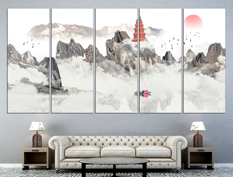Japanese Mountain Canvas Art Print: Vintage Asian Landscape Wall Decor ...