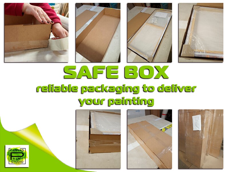 May include: A close-up of a brown cardboard box being taped shut. The box is being used to package a painting for safe delivery. The text "SAFE BOX" and "reliable packaging to deliver your painting" is displayed in green letters on a white background.