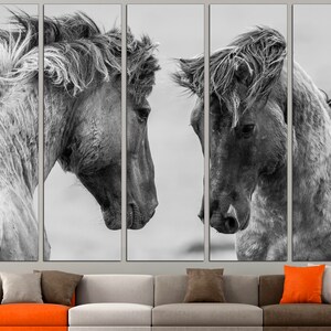 May include: A black and white photograph of two horses' heads facing each other. The horses' manes are flowing in the wind. The background is a blurred out grey.